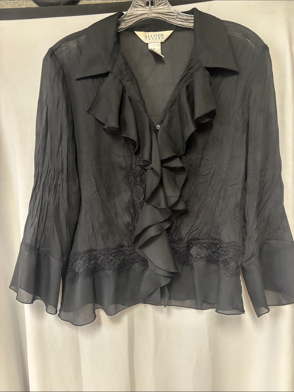 Allison Taylor Black Ruffle Lace-Trim Sheer Blouse